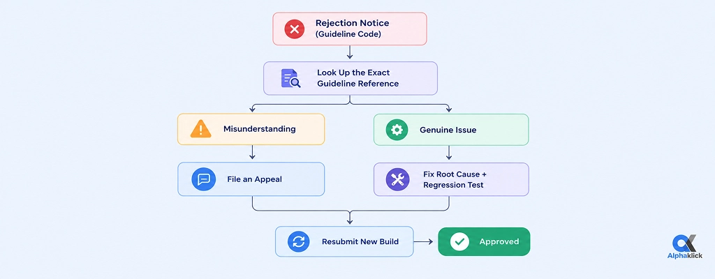 Flowchart showing the path from app rejection to resubmission